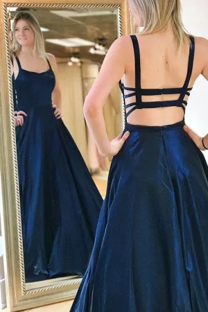 A Line Spaghetti Straps Sweep Train Drak Navy Prom Dress With Pocktes PFP1585