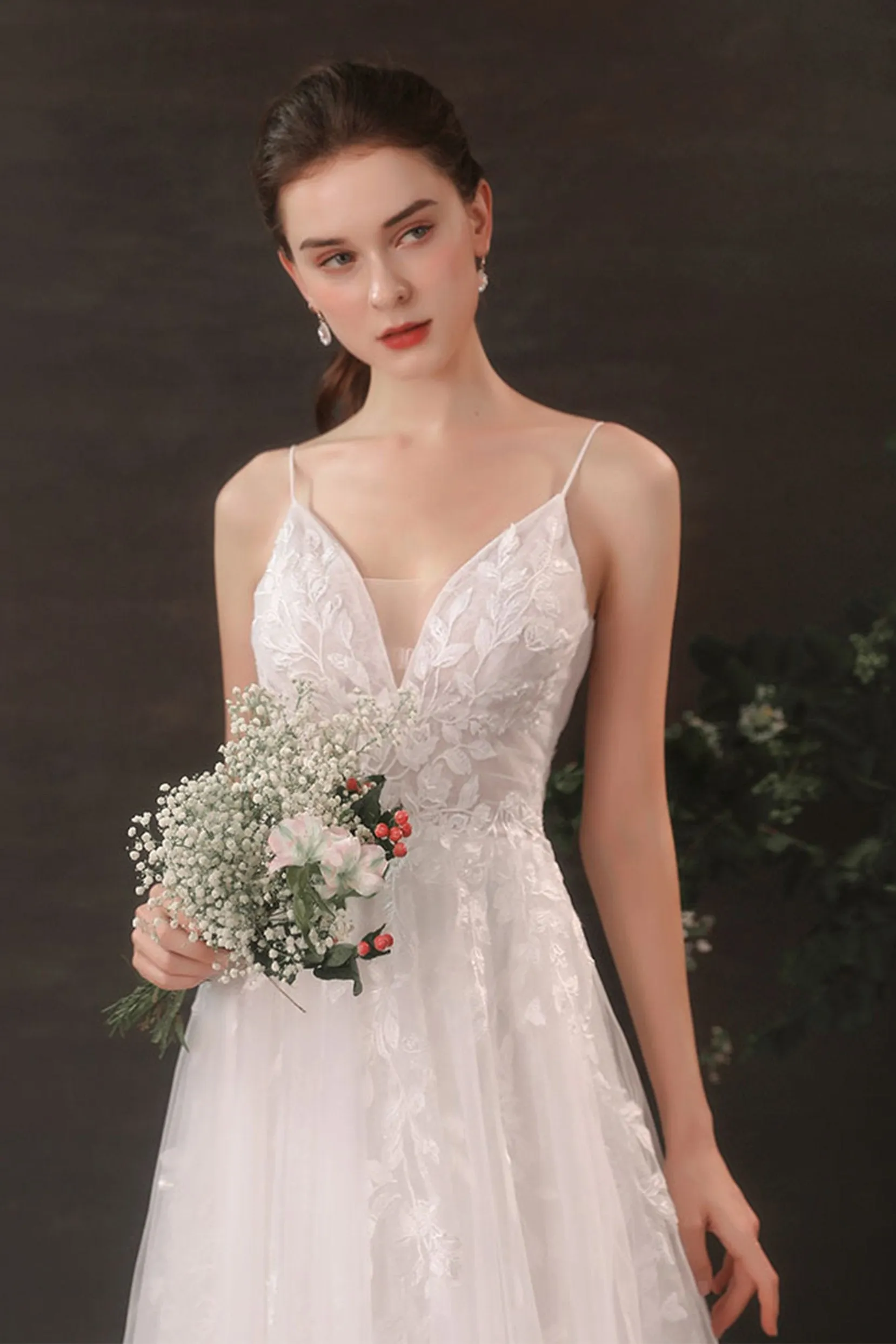A-Line Sweep-Brush Train Lace Tulle Wedding Dress CW2685