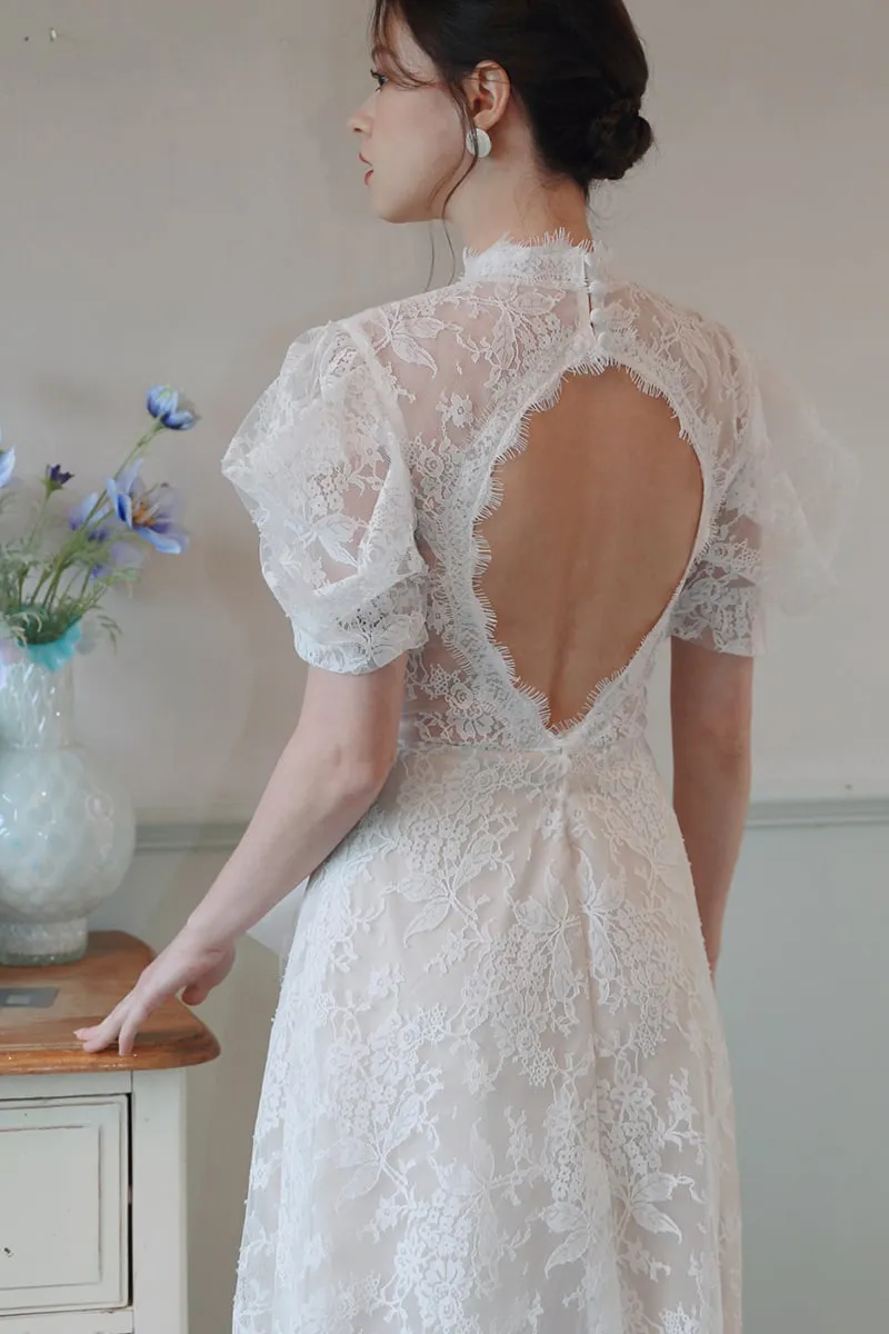 A-Line Sweep-Brush Train Lace Tulle Wedding Dress CW3100