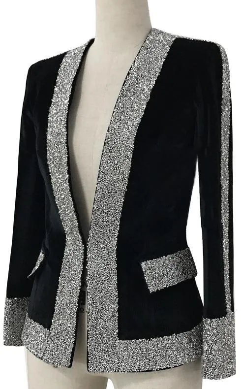 Black Velvet Rhinestones-Embellished Blazer