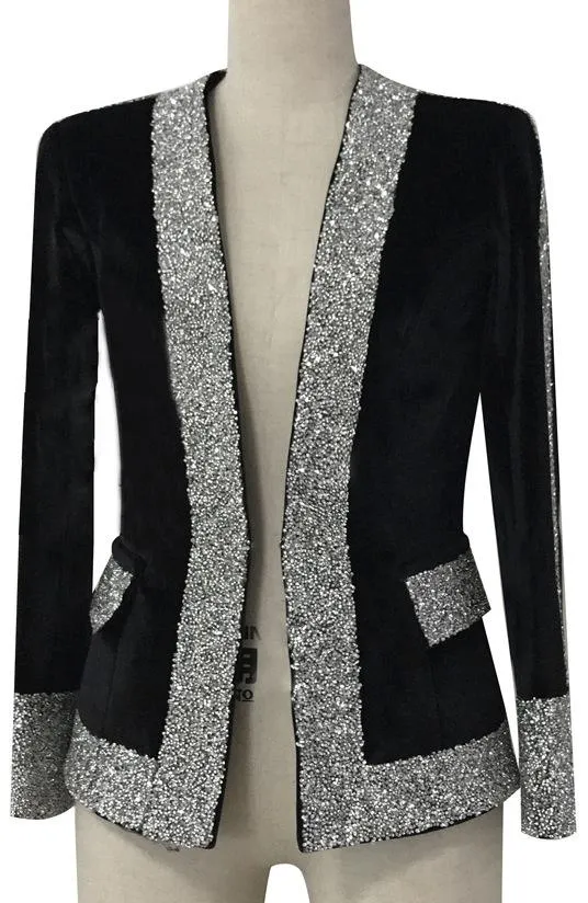 Black Velvet Rhinestones-Embellished Blazer