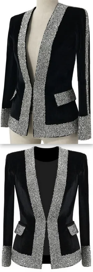 Black Velvet Rhinestones-Embellished Blazer