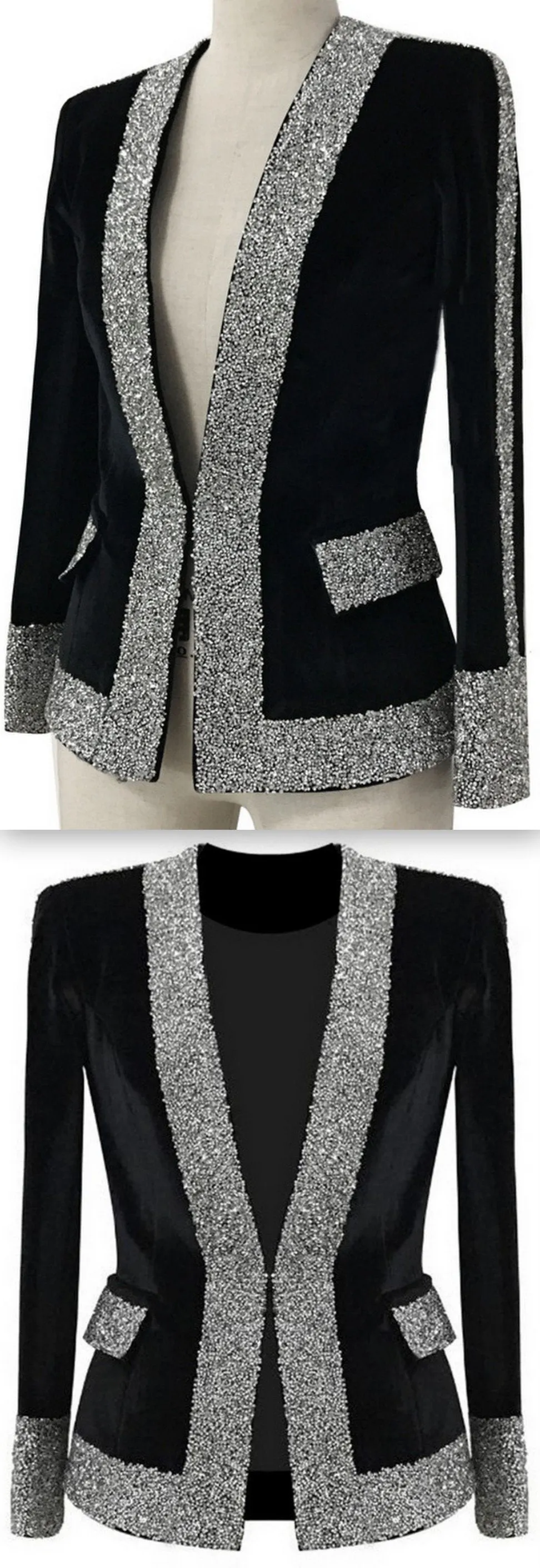 Black Velvet Rhinestones-Embellished Blazer