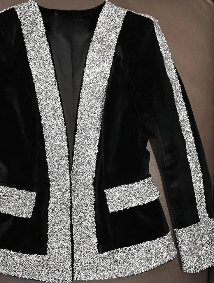 Black Velvet Rhinestones-Embellished Blazer
