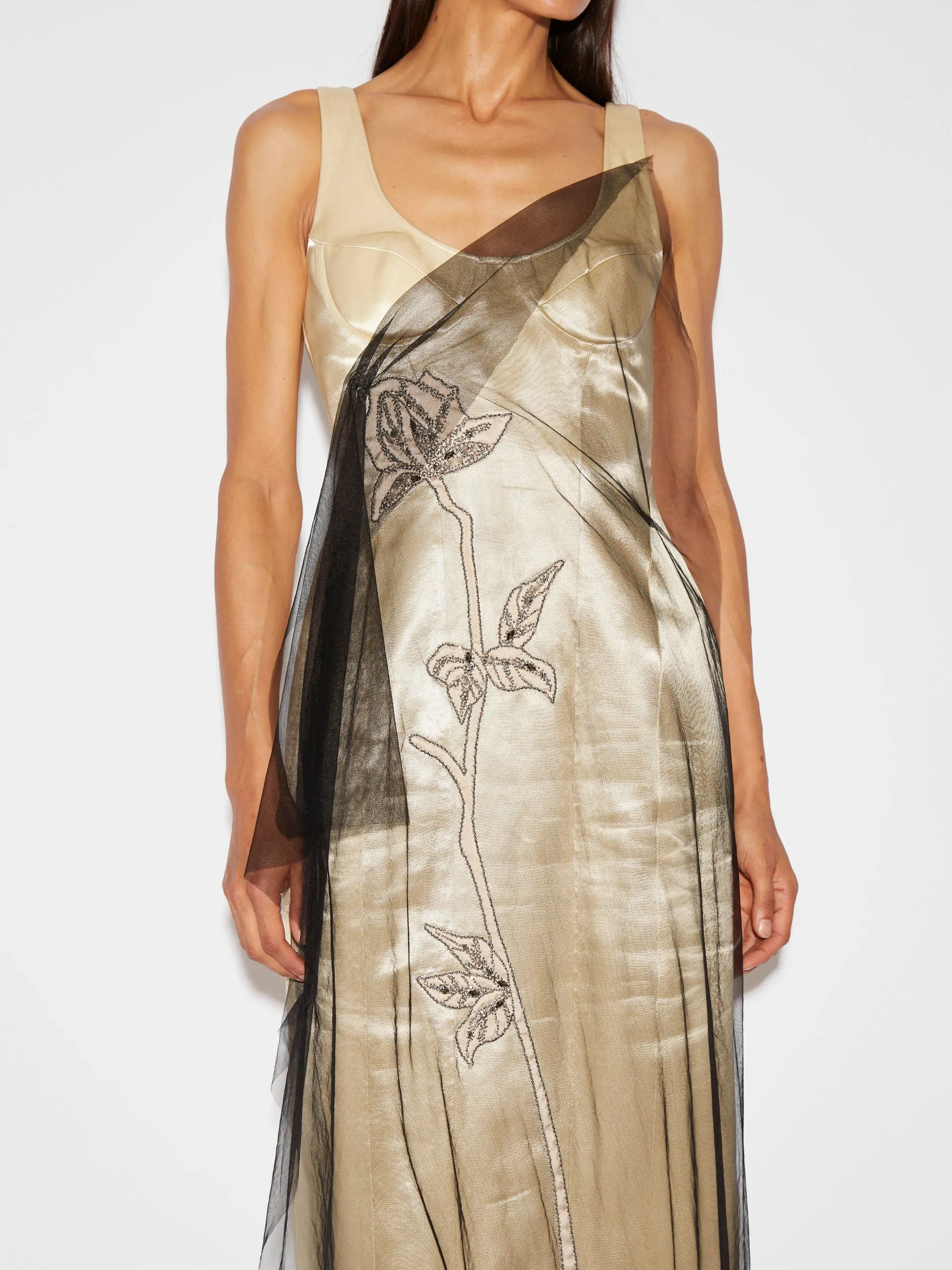 Blakely dress champagne satin and embellished tulle