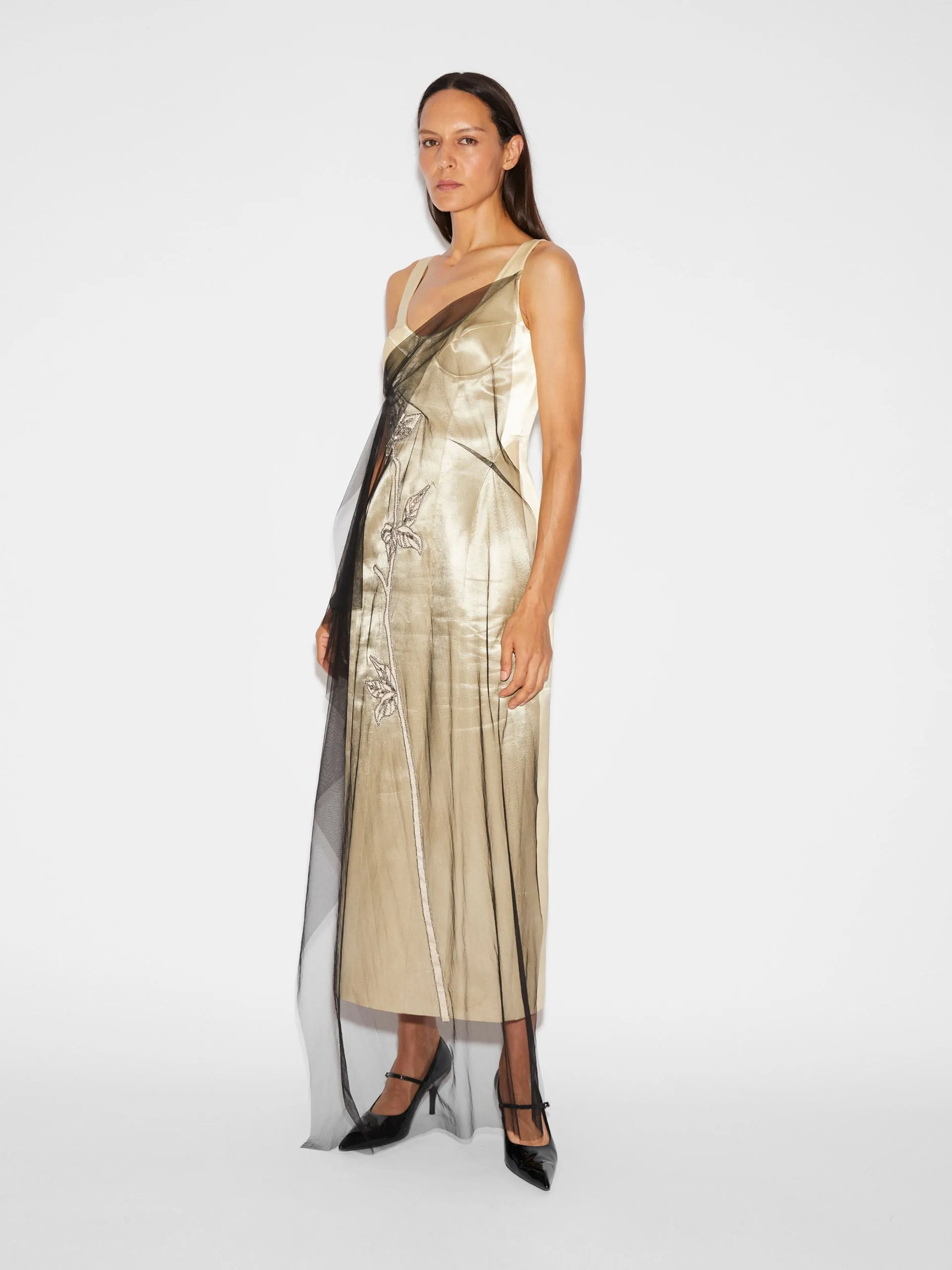 Blakely dress champagne satin and embellished tulle
