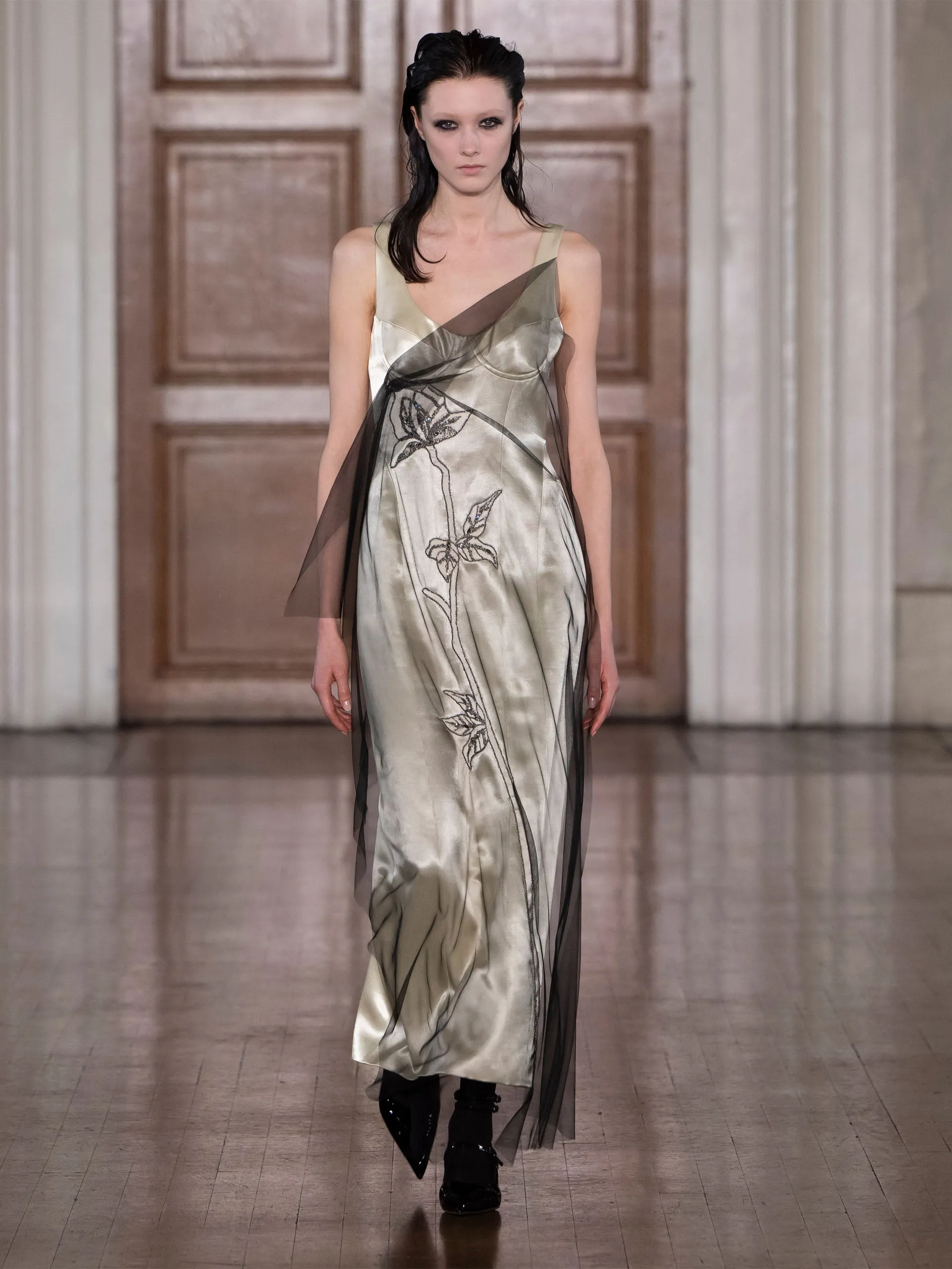 Blakely dress champagne satin and embellished tulle