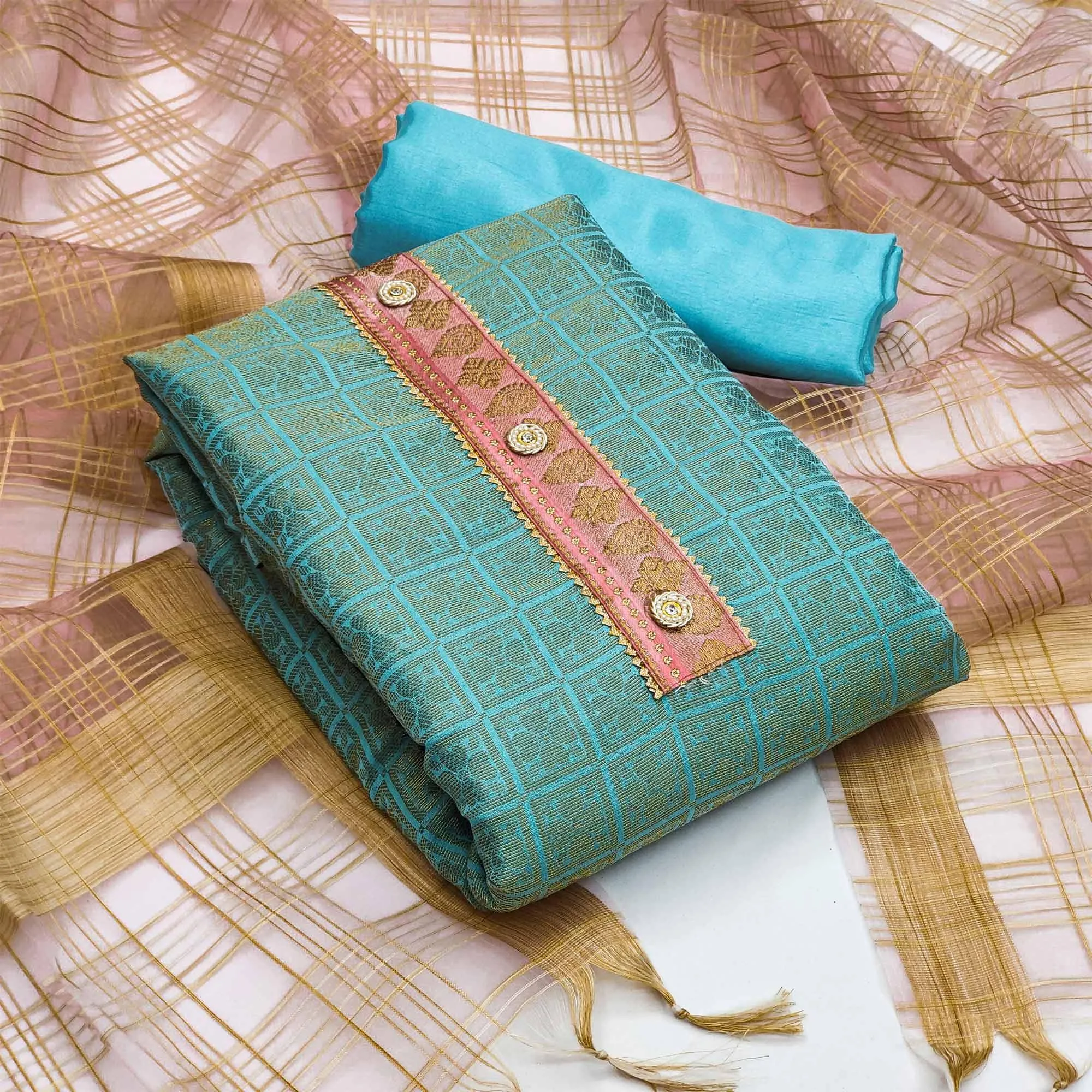 Blue Festive Wear Floral Woven Banarasi Silk Jacquard Dress Material