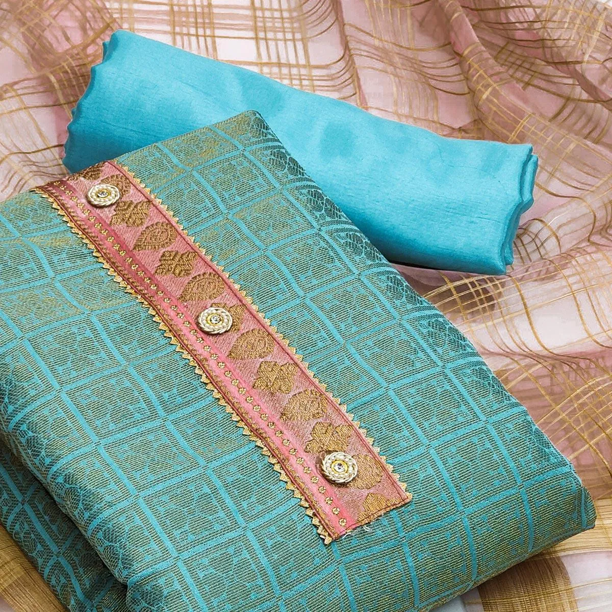 Blue Festive Wear Floral Woven Banarasi Silk Jacquard Dress Material