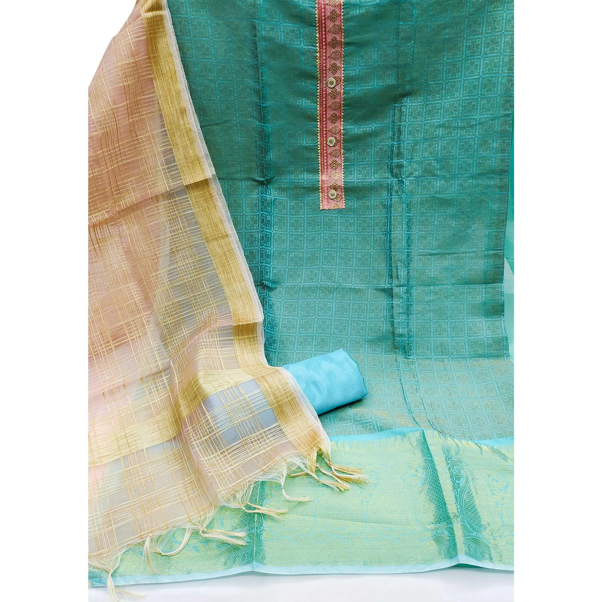 Blue Festive Wear Floral Woven Banarasi Silk Jacquard Dress Material