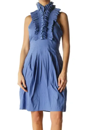 Blue V-Neck Ruffled Belted Open Back Stretch Day Dress