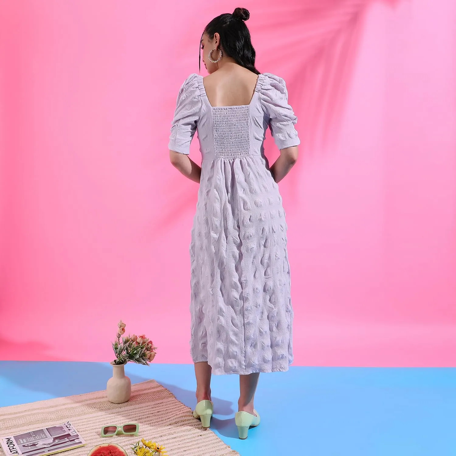 Campus Sutra Women's Solid Lilac Dress with Slit Detail for Casual Wear | Short Sleeve | Polyester Midi Length Dress Crafted with Comfort Fit and High Performance for Everyday Wear
