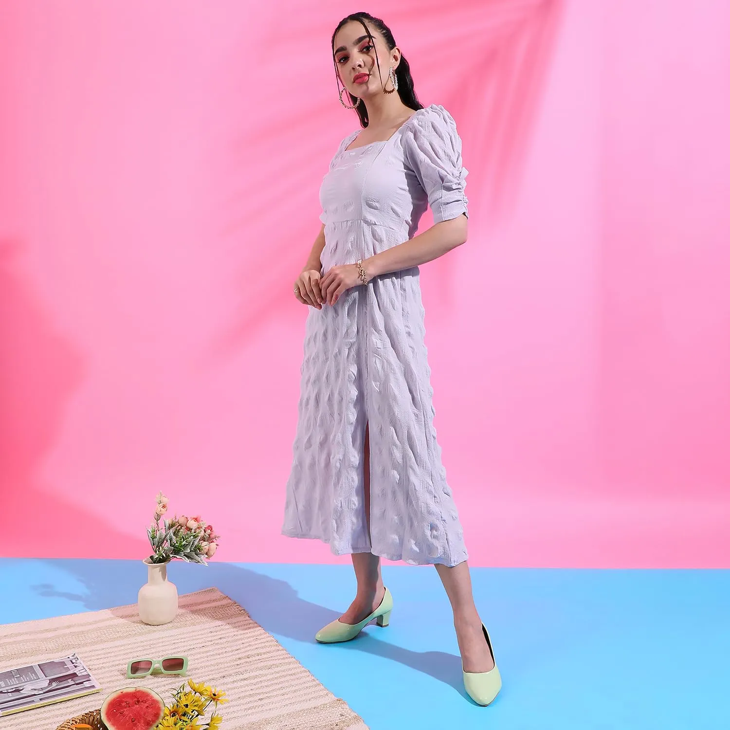 Campus Sutra Women's Solid Lilac Dress with Slit Detail for Casual Wear | Short Sleeve | Polyester Midi Length Dress Crafted with Comfort Fit and High Performance for Everyday Wear