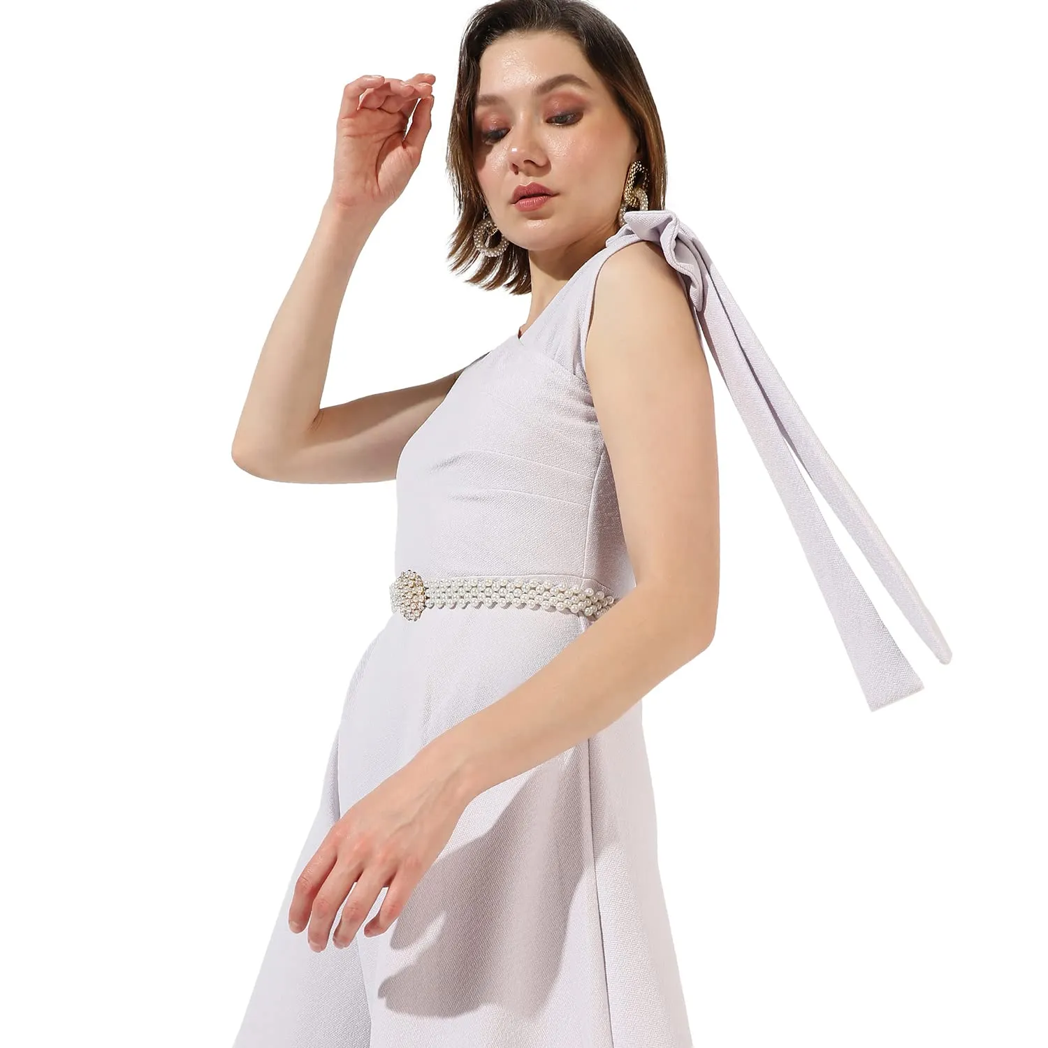 Campus Sutra Women's Solid White Sleeveless Midi Length Regular Fit Dress for Casual Wear | V Neck Dress Crafted with Comfort Fit and High Performance for Everyday Wear