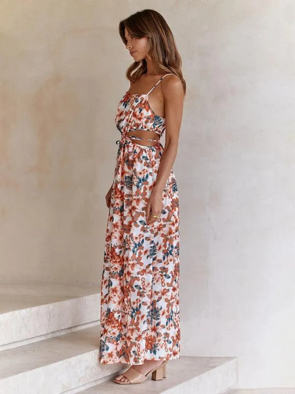 Chic Floral Suspender Dress with Elegant Waist Tie