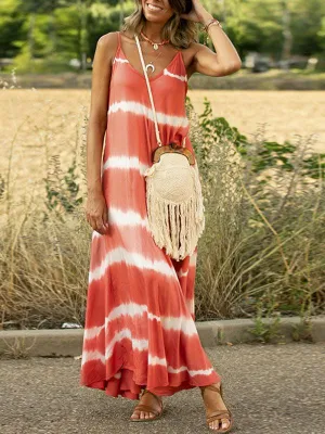 Chic Tie-Dye Striped Swing Dress with Stylish Suspenders and Flattering Silhouette