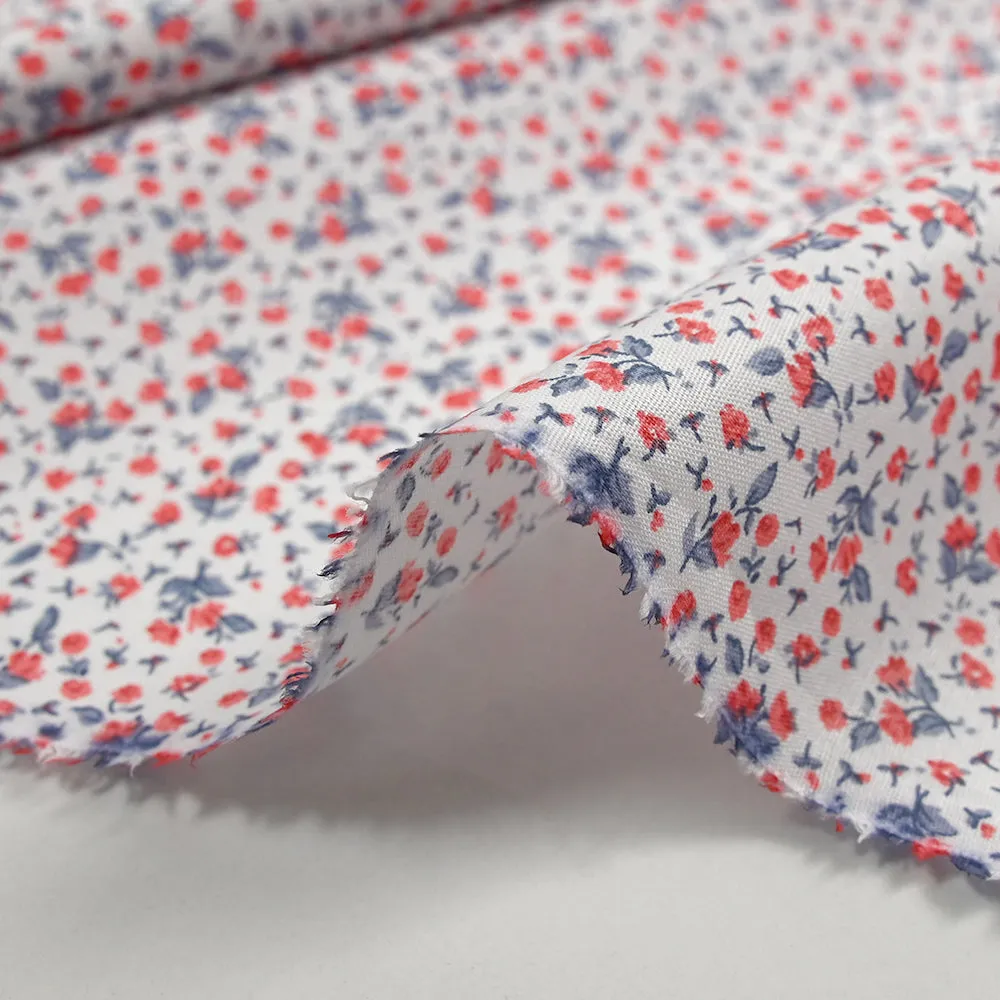Coton imprimé fin mini fleurs rouge fond blanc