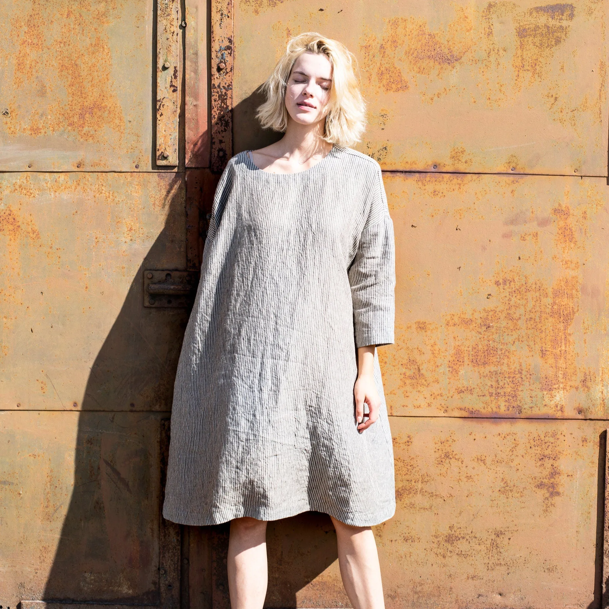CU: CUSTOMIZED RENNES oversized linen dress (Color: Light Blue Stripes)