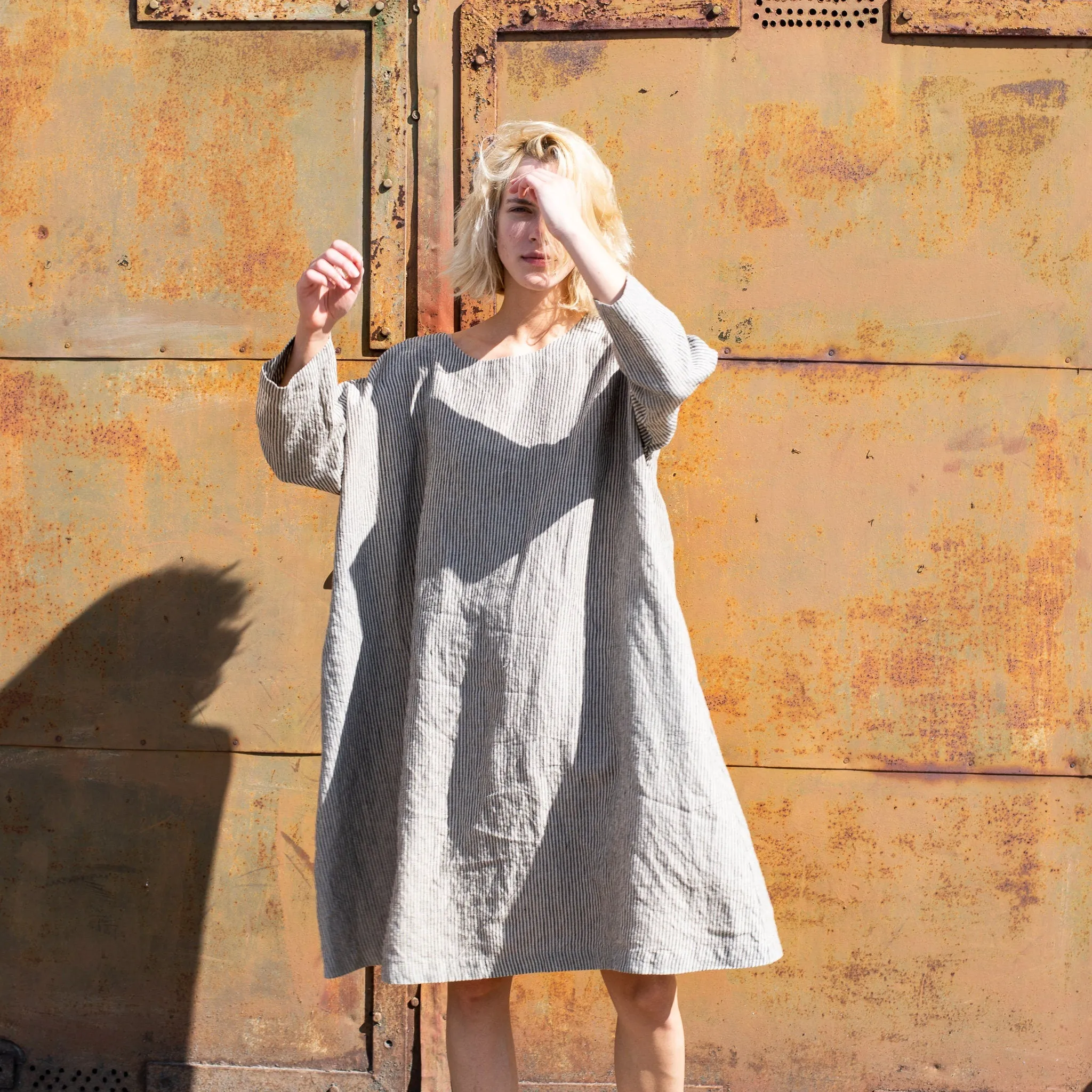 CU: CUSTOMIZED RENNES oversized linen dress (Color: Light Blue Stripes)