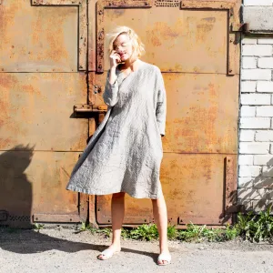 CU: CUSTOMIZED RENNES oversized linen dress (Color: Light Blue Stripes)