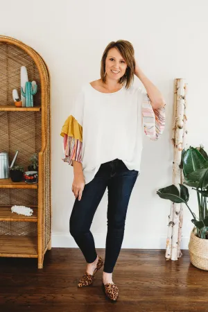 Davi & Dani Plus Size Multi Layered Stripe Sleeve Top Off White