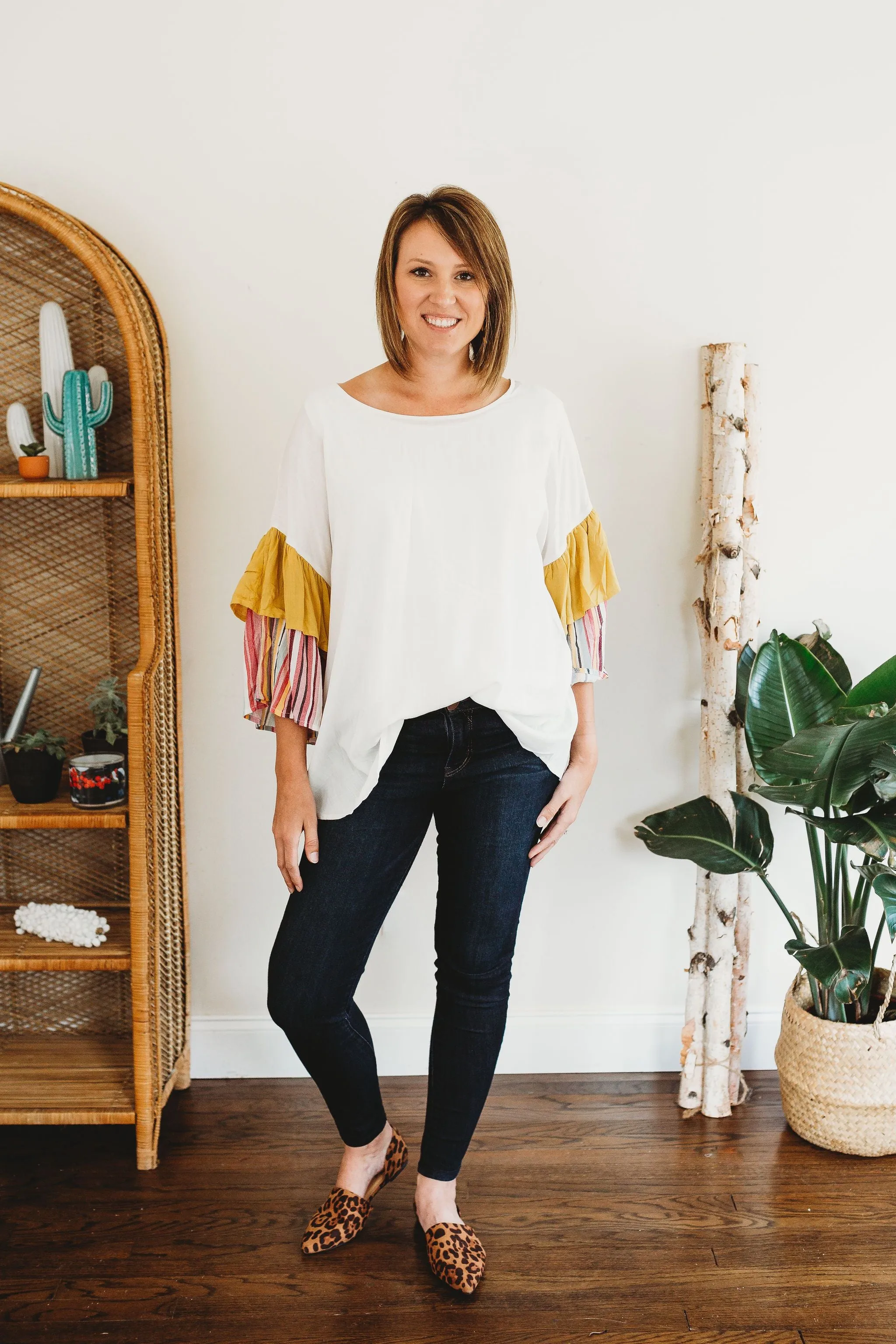Davi & Dani Plus Size Multi Layered Stripe Sleeve Top Off White