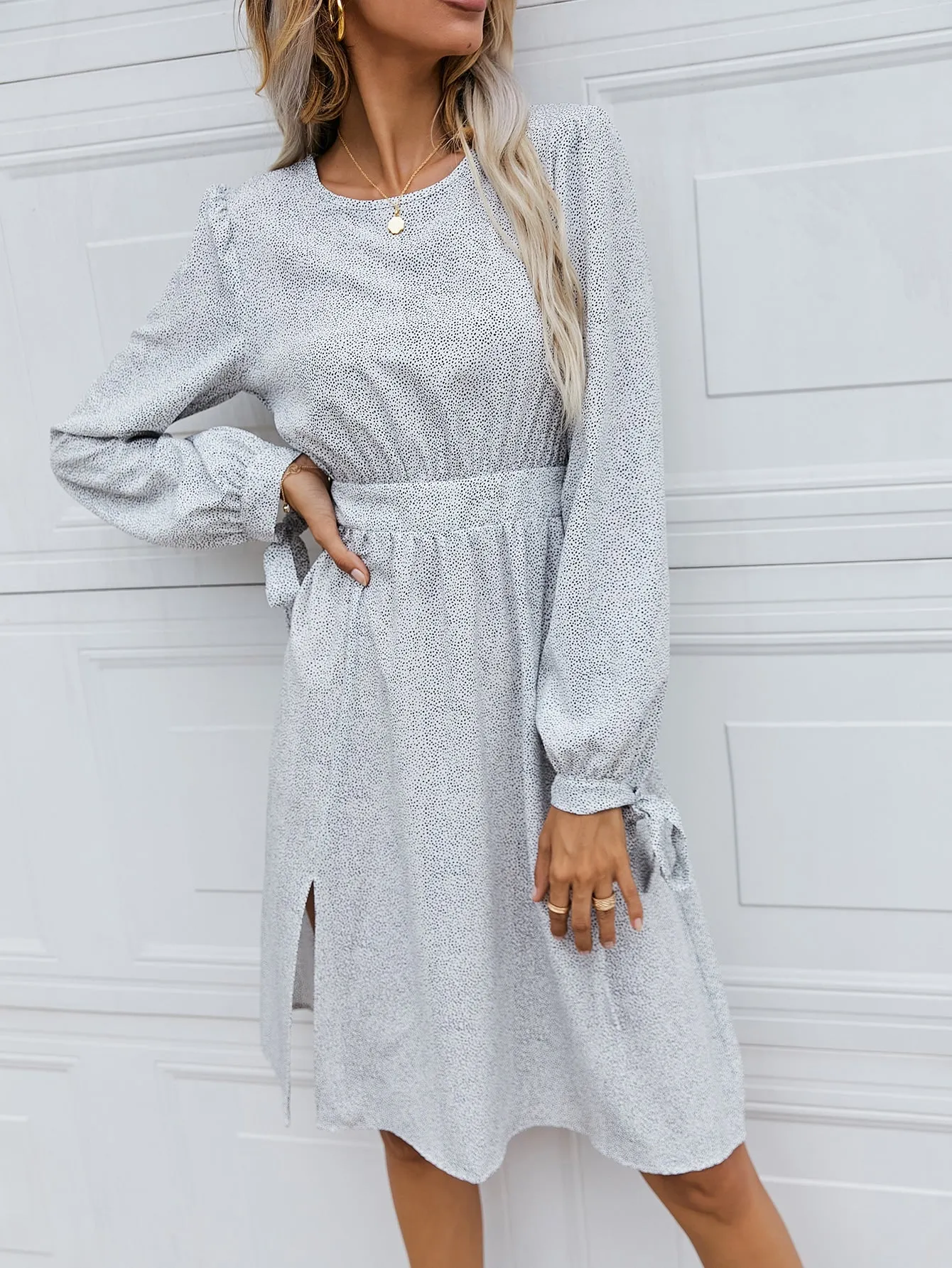Elegant All Over Print Split Thigh Long Sleeve Round Neck Slit High Waist Knee Length Dress