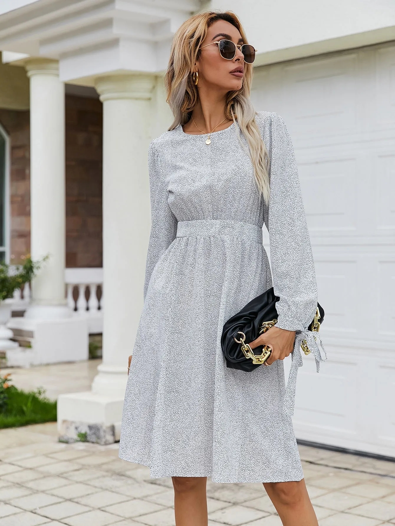 Elegant All Over Print Split Thigh Long Sleeve Round Neck Slit High Waist Knee Length Dress