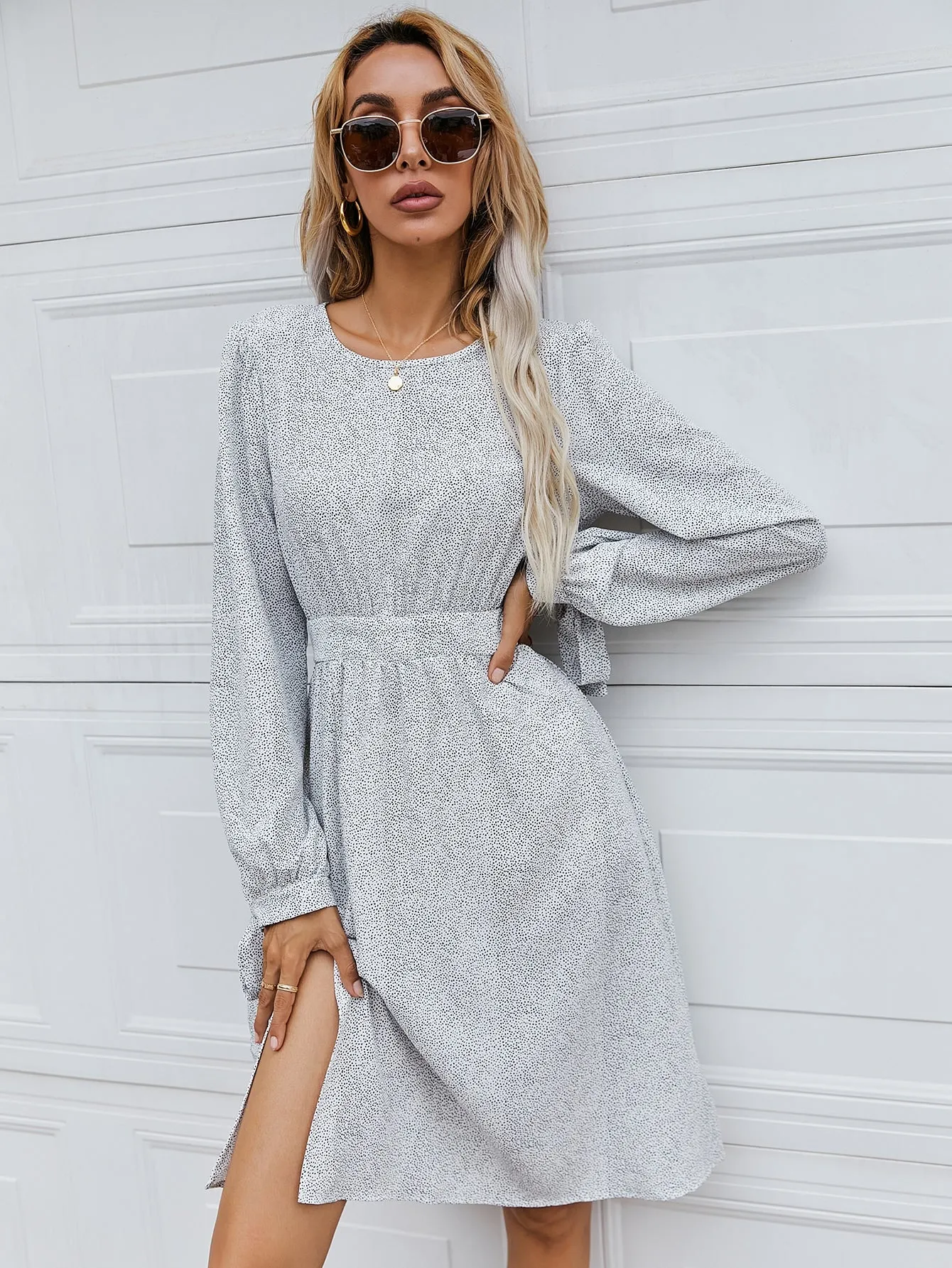 Elegant All Over Print Split Thigh Long Sleeve Round Neck Slit High Waist Knee Length Dress