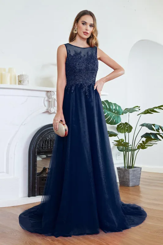 Elegant Tulle Lace Aline Evening Dress Sleeveles Beading Special Occasion Dress