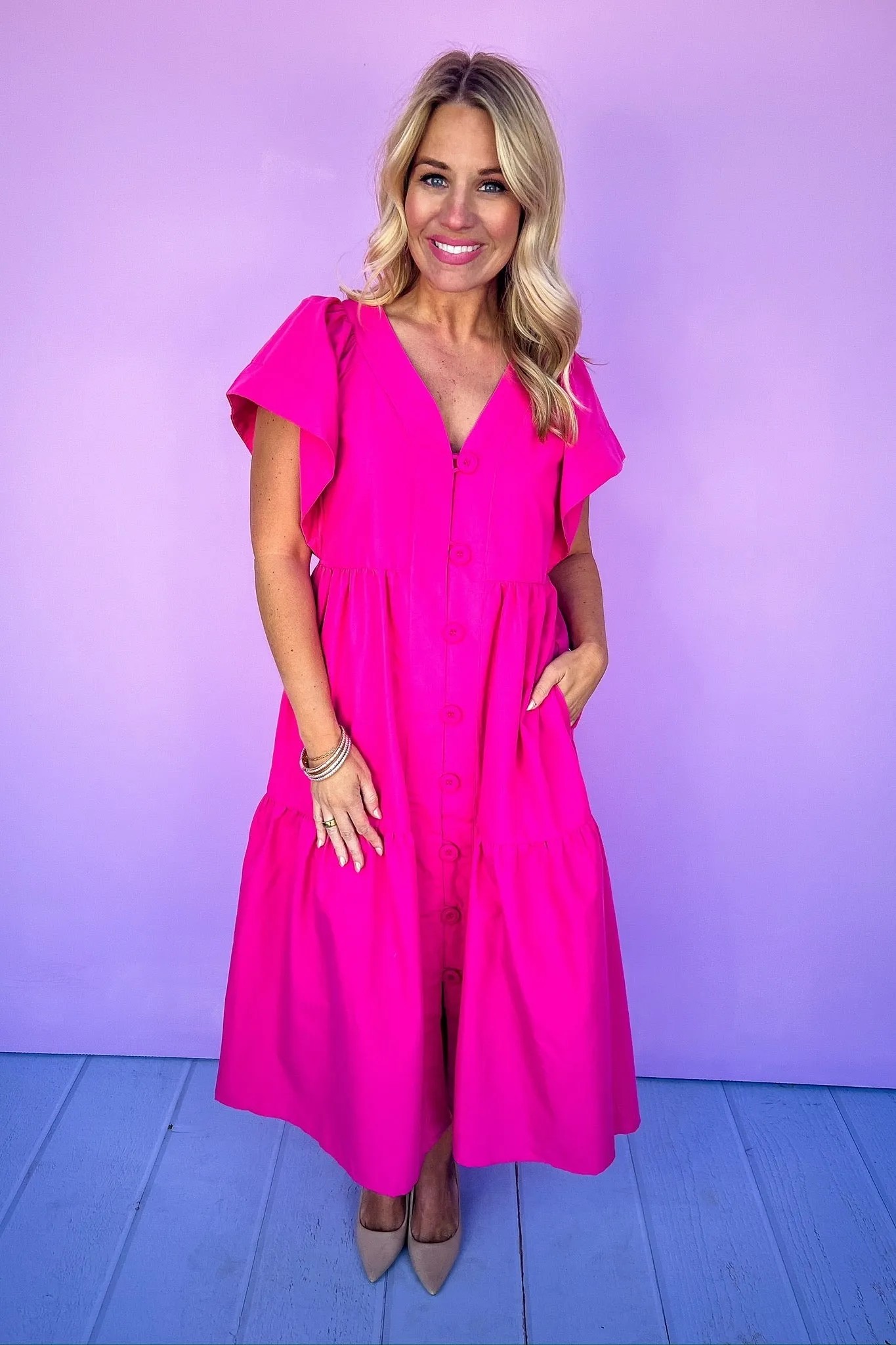 Flutter Sleeve Loop Button Down Tiered Midi Dress in Pink