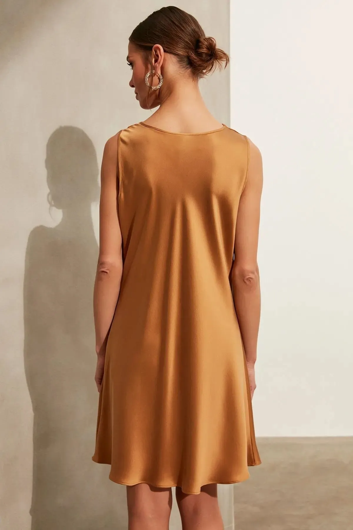 Gold Pure Silk Flow Short Evening Dress with Plunging Neck