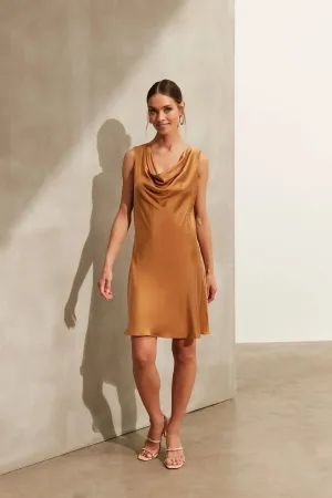 Gold Pure Silk Flow Short Evening Dress with Plunging Neck
