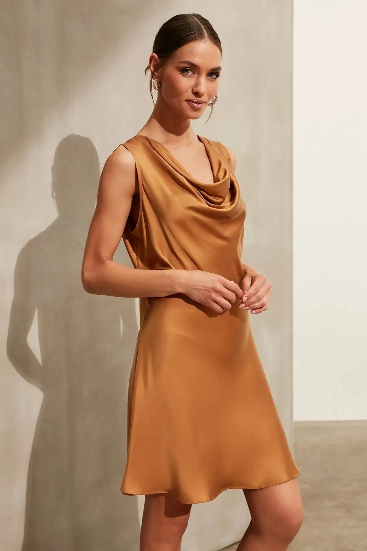 Gold Pure Silk Flow Short Evening Dress with Plunging Neck