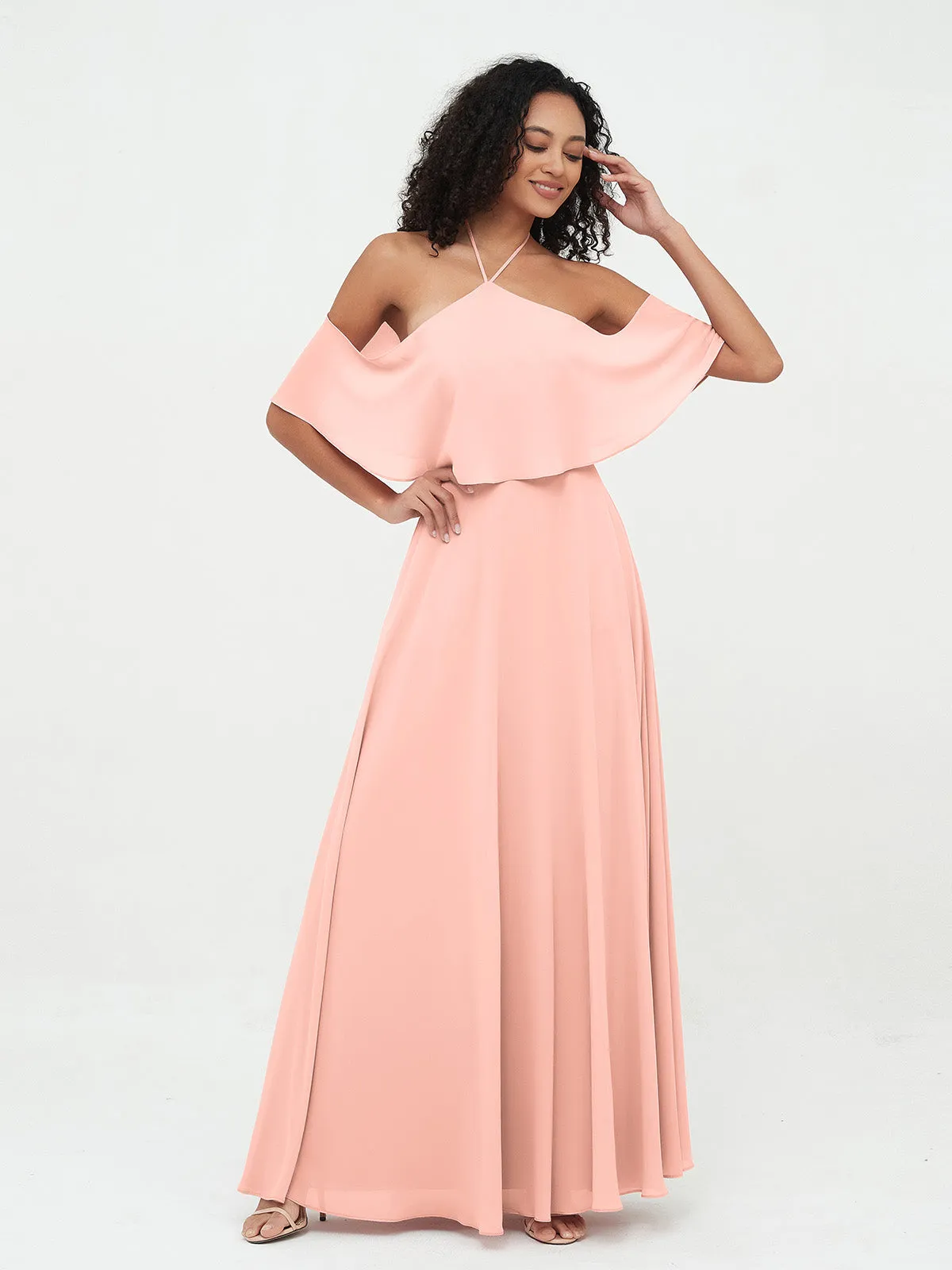 Halter Off the Shoulder Max Dresses with Pockets-Coral