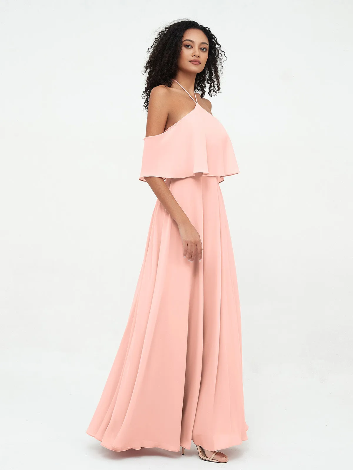 Halter Off the Shoulder Max Dresses with Pockets-Coral