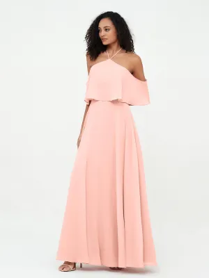 Halter Off the Shoulder Max Dresses with Pockets-Coral