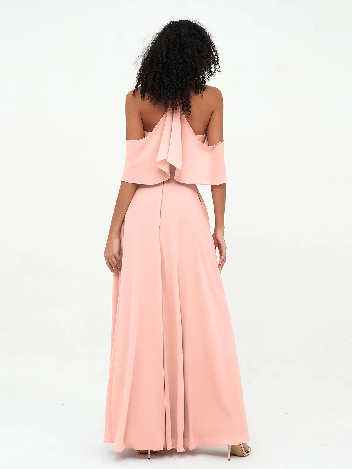 Halter Off the Shoulder Max Dresses with Pockets-Coral