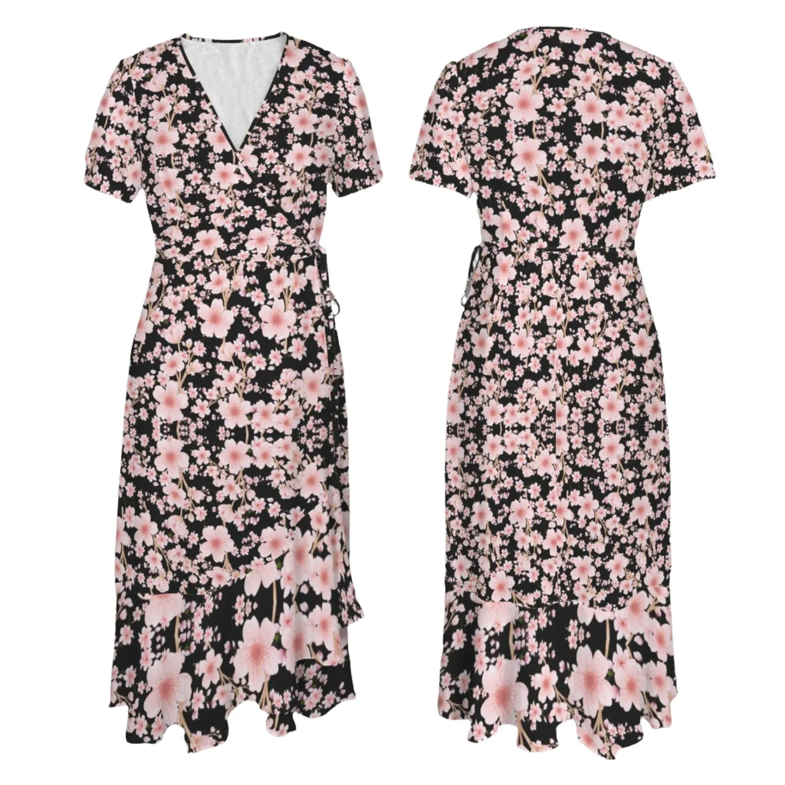 Japanese Pink Flowers Dark Maxi Dress up to 5 XL (FWS)