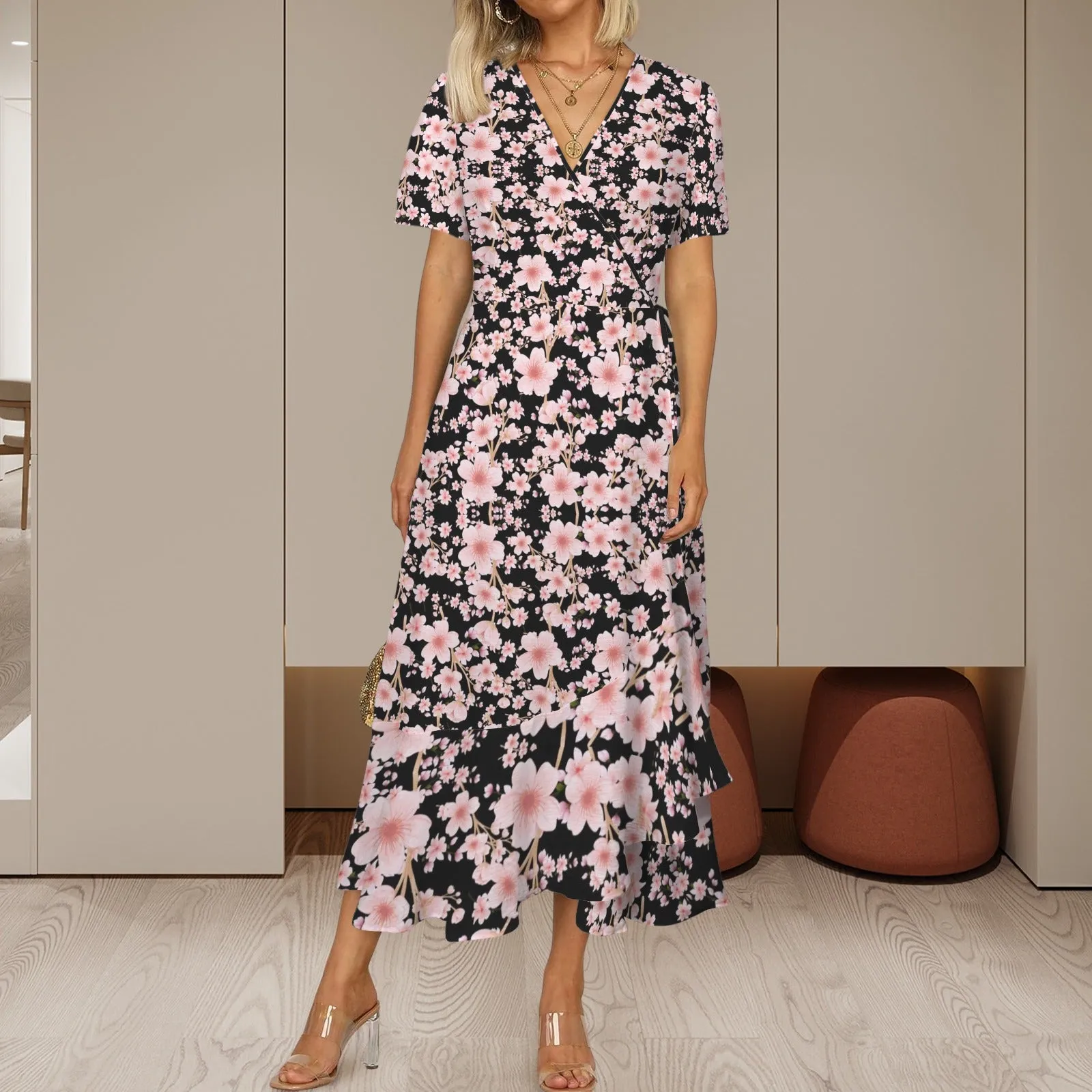 Japanese Pink Flowers Dark Maxi Dress up to 5 XL (FWS)