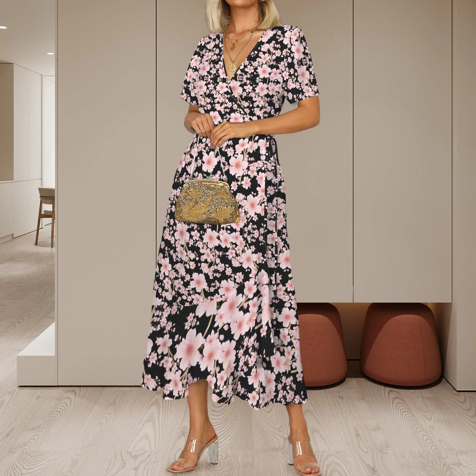 Japanese Pink Flowers Dark Maxi Dress up to 5 XL (FWS)