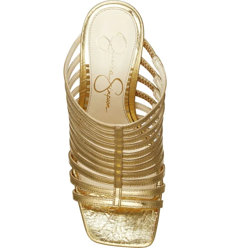 Jessica Simpson Arriya Gold Open Toe Strappy Silhouette Slip On Wedge Sandals