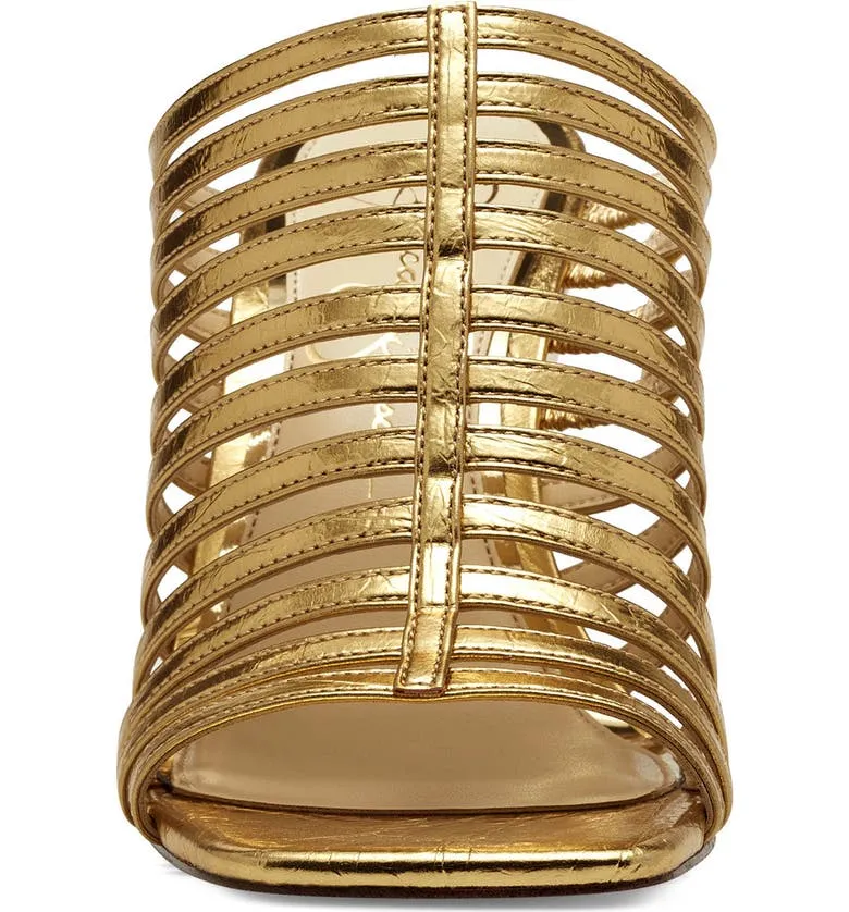 Jessica Simpson Arriya Gold Open Toe Strappy Silhouette Slip On Wedge Sandals
