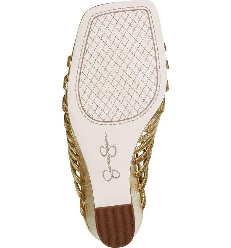 Jessica Simpson Arriya Gold Open Toe Strappy Silhouette Slip On Wedge Sandals
