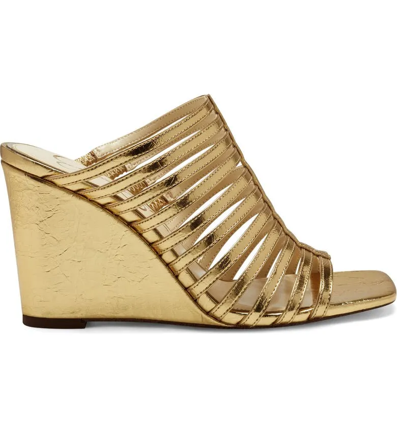Jessica Simpson Arriya Gold Open Toe Strappy Silhouette Slip On Wedge Sandals