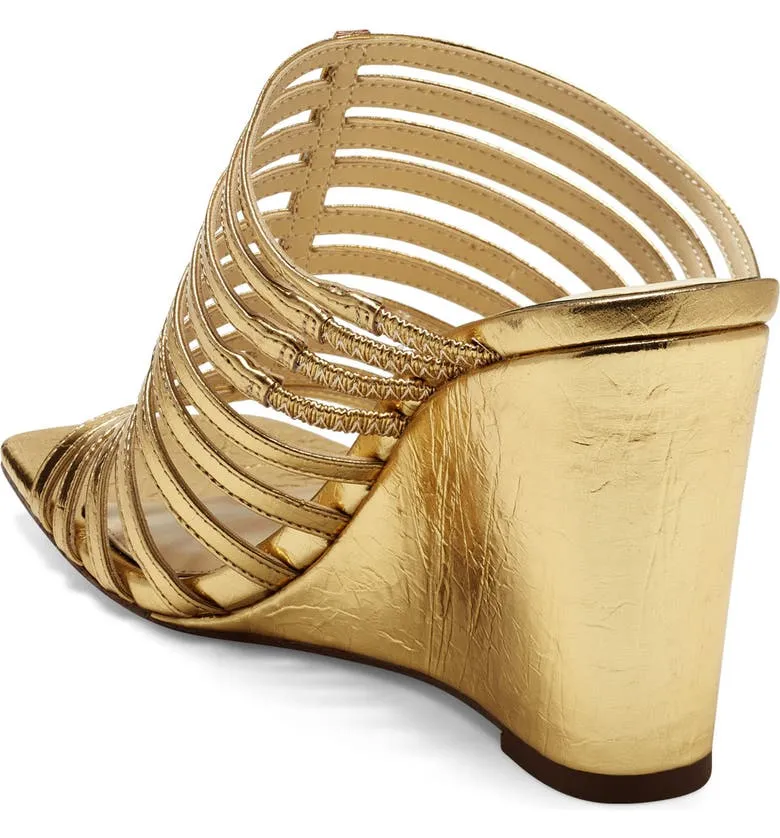 Jessica Simpson Arriya Gold Open Toe Strappy Silhouette Slip On Wedge Sandals