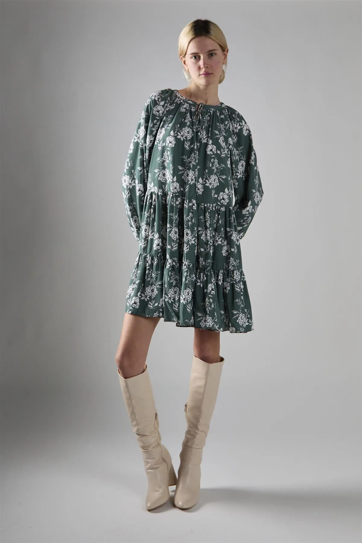 Khaki White Floral Poplin Tiered Mini-Dress