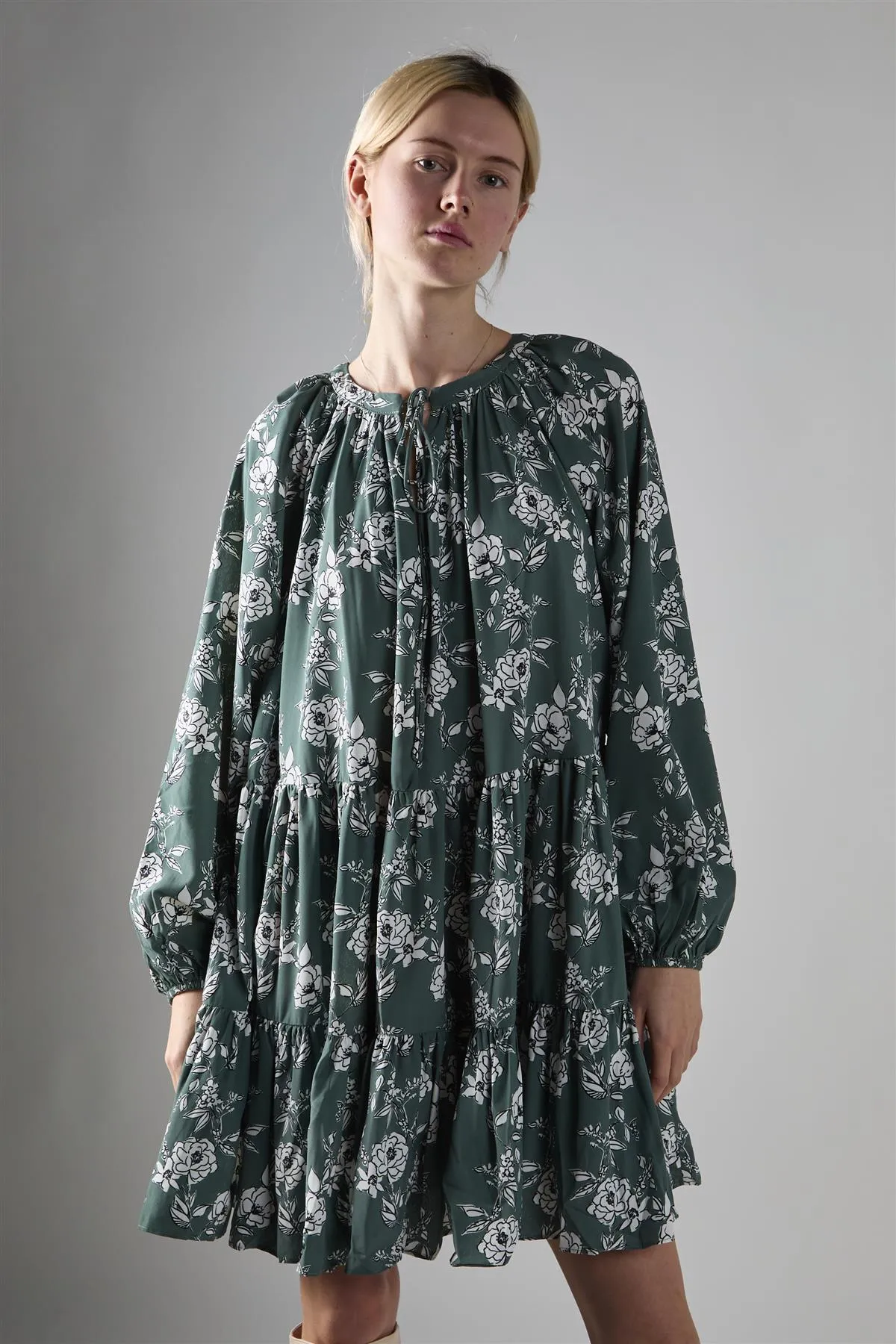 Khaki White Floral Poplin Tiered Mini-Dress