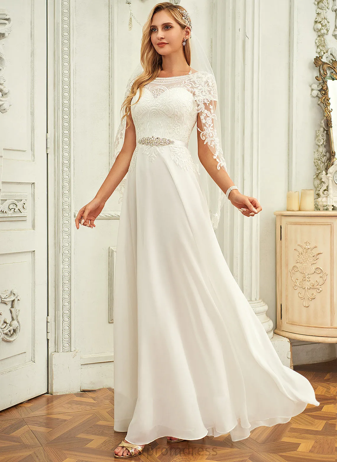 Lace Chiffon Wedding Caylee Floor-Length Wedding Dresses Scoop Dress With Sequins Neck