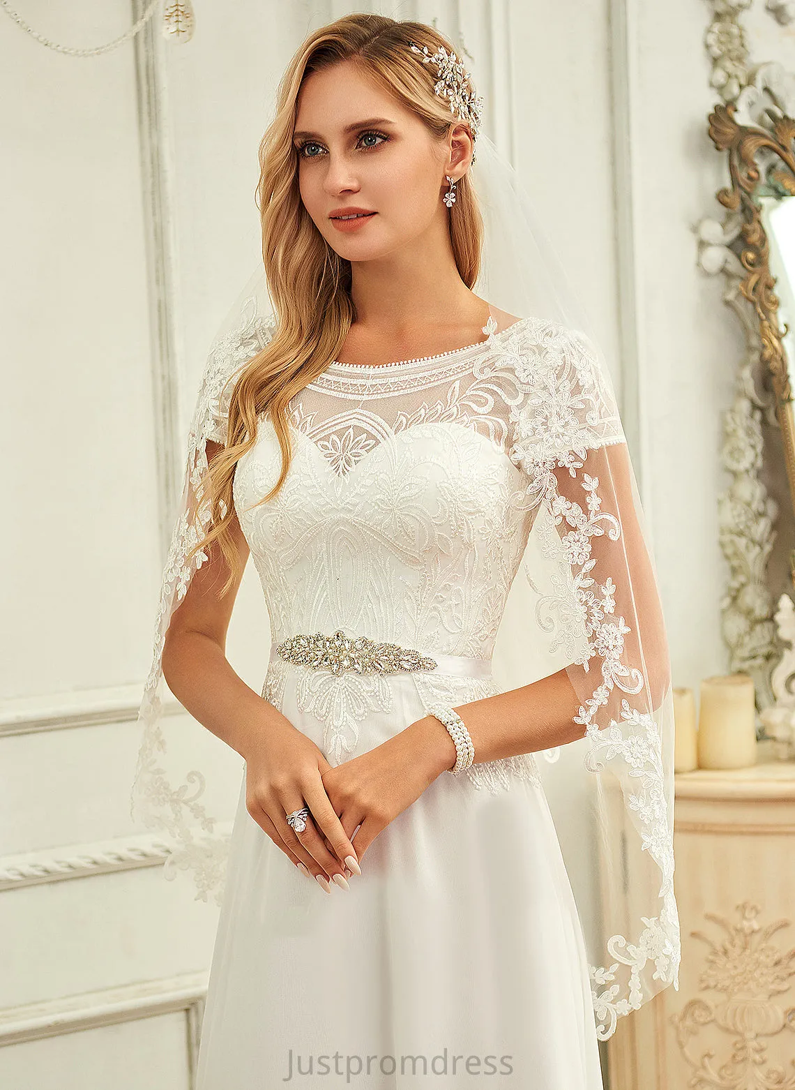 Lace Chiffon Wedding Caylee Floor-Length Wedding Dresses Scoop Dress With Sequins Neck